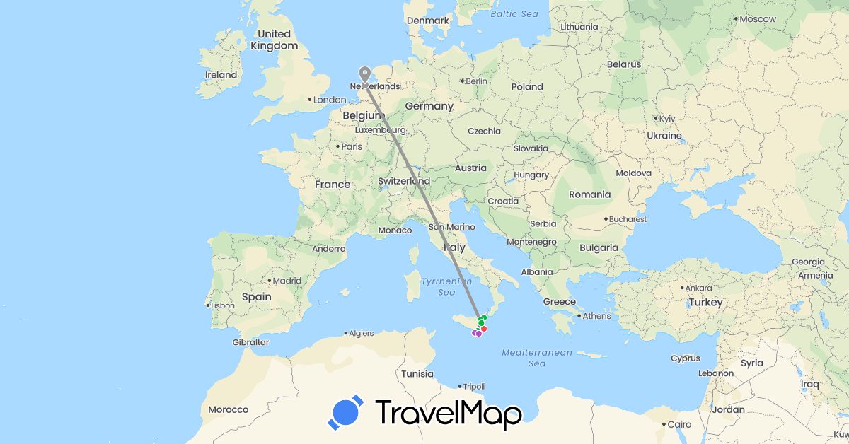 TravelMap itinerary: bus, plane, train, hiking in Italy, Netherlands (Europe)